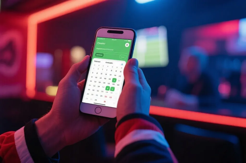 A close-up of a fan holding a smartphone displaying a clean, futuristic sports schedule application interface, soft focus on a vibrant sports bar background